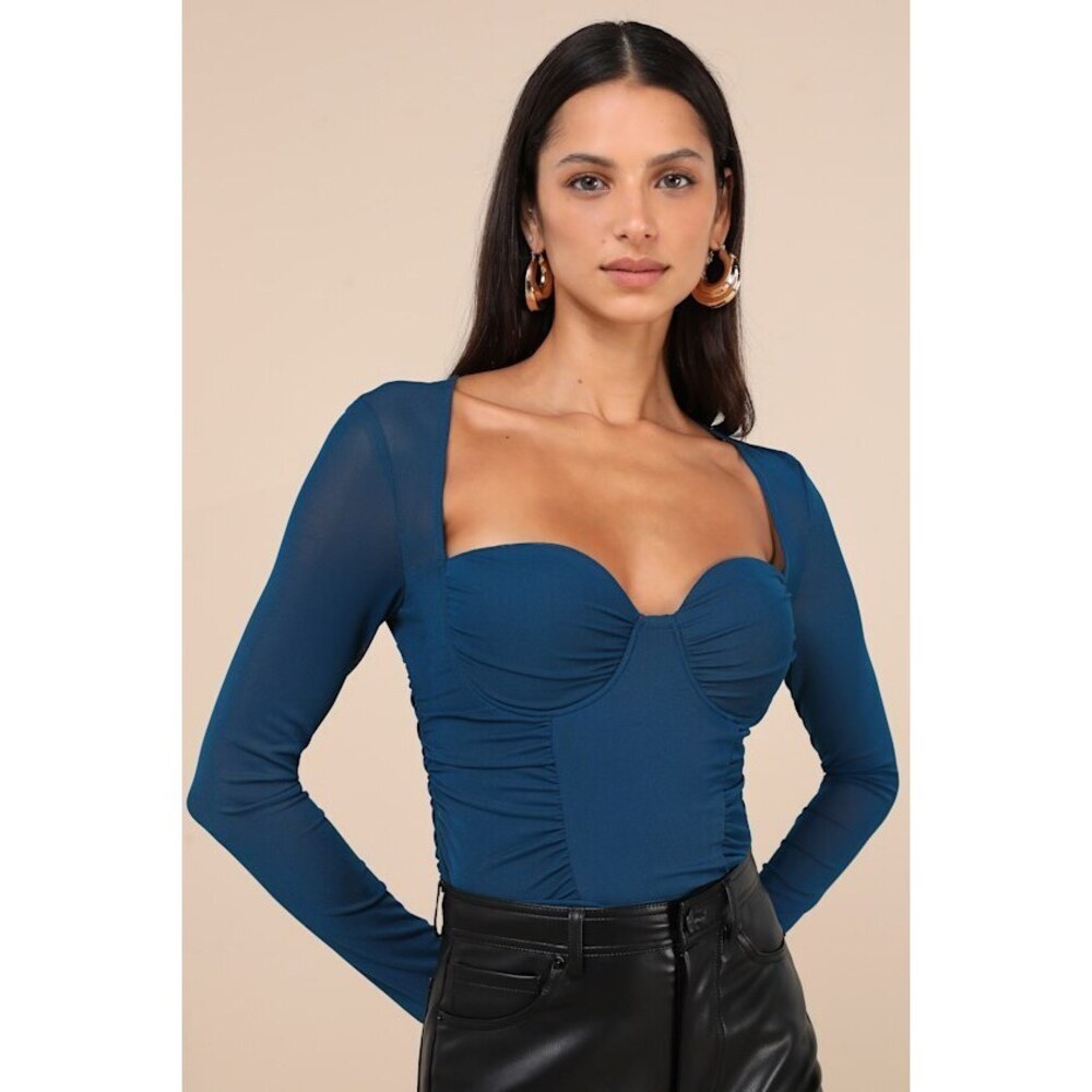 Coy Cutie Teal Blue Mesh Bustier Long Sleeve Crop Top